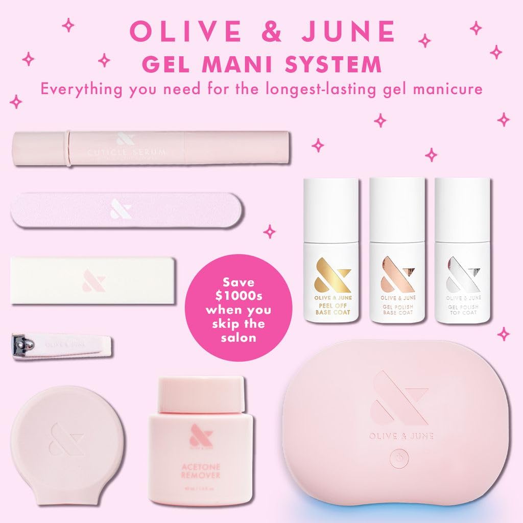 Olive & June Bestsellers Gel Polish Set | Includes 6 Shades (HD, KMC, Pink Goldfish, Icing Is The Best Part, Prom, XOXO) + Gel Top Coat & Base Coat & Peel-Off Base | Vegan, HEMA-Free